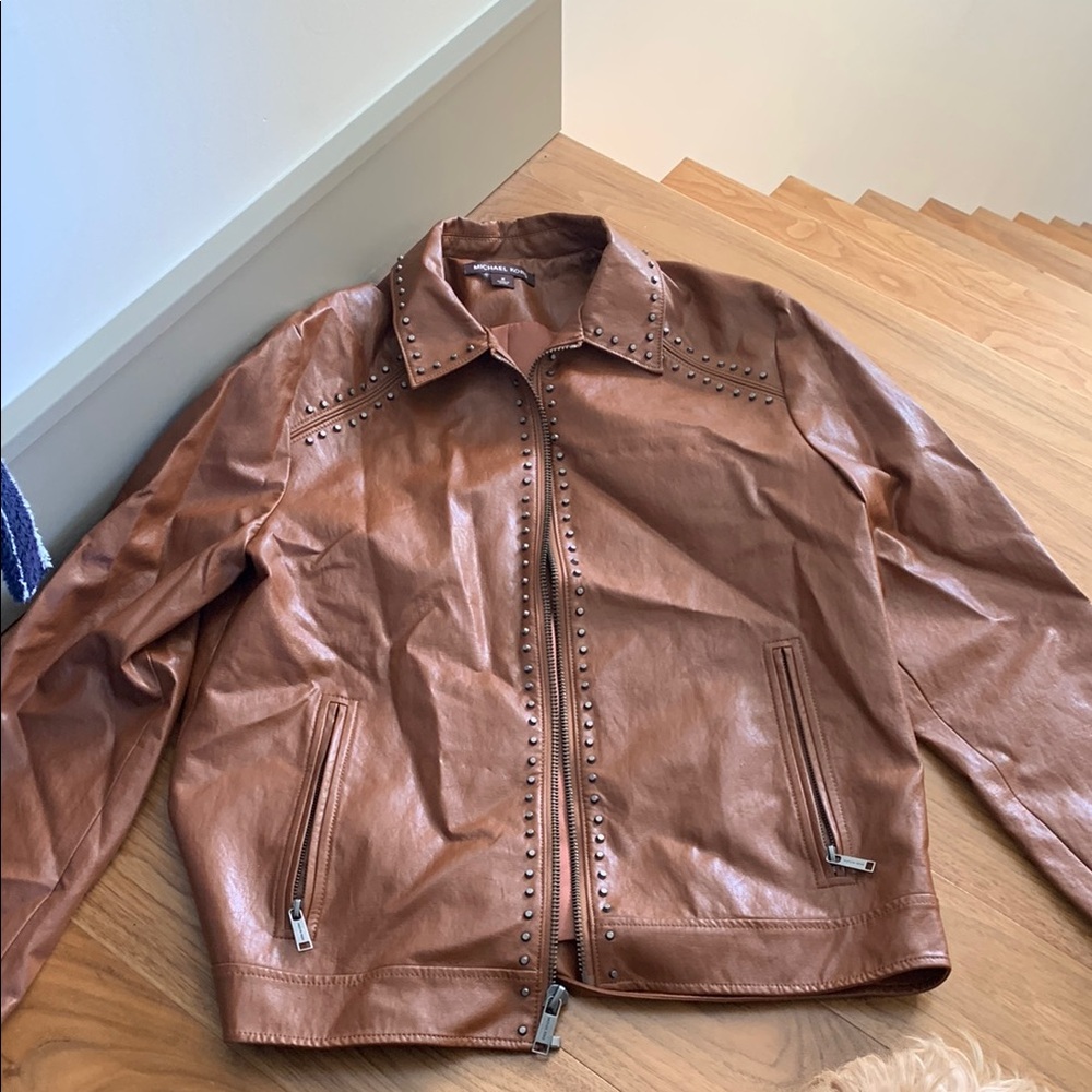 MICHAEL KORS Studded Brown Faux Leather Jacket